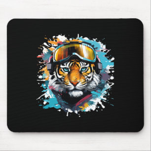 Mousepad Cabeça de Tigre com Óculos de Esqui Esquiando Snow