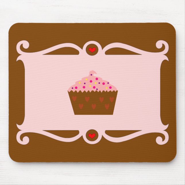 Mousepad Cabeçote do Cupcake de Coração Rosa e Chocolate (Frente)