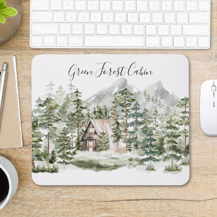 Mousepad Cabina de Aquarela na Floresta de Pinheiros Verdes
