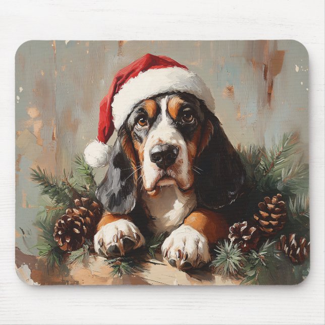 Mousepad Caça-Basset numa Pintura a Óleo de Santa Hat (Frente)