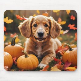 Mousepad Cachorro Adorável com Folhas de outono e Pumpkins