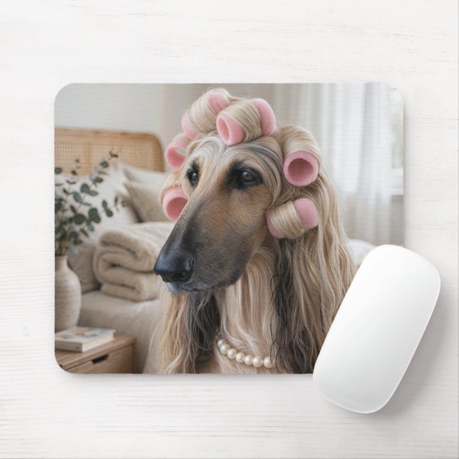 Mousepad Cachorro Afegão Usando Rolo de Espuma Cor-de-Rosa (Com mouse)
