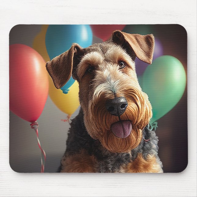 Mousepad Cachorro Airedale com bolo e balões (Frente)