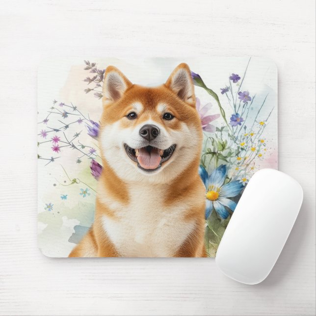 Mousepad Cachorro Akita Shiba Inu com Flores de Aquarela Az (Com mouse)