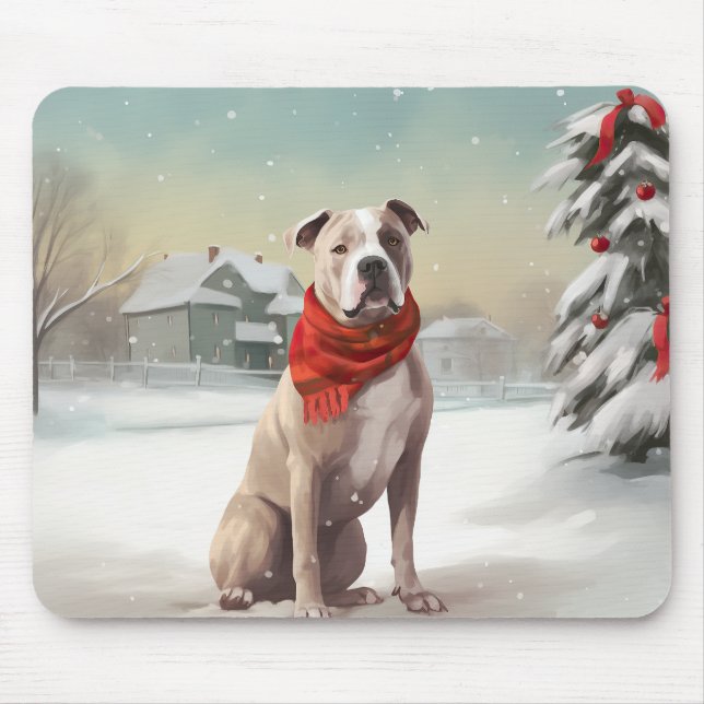 Mousepad Cachorro Americano Staffordshire no Natal da Neve (Frente)
