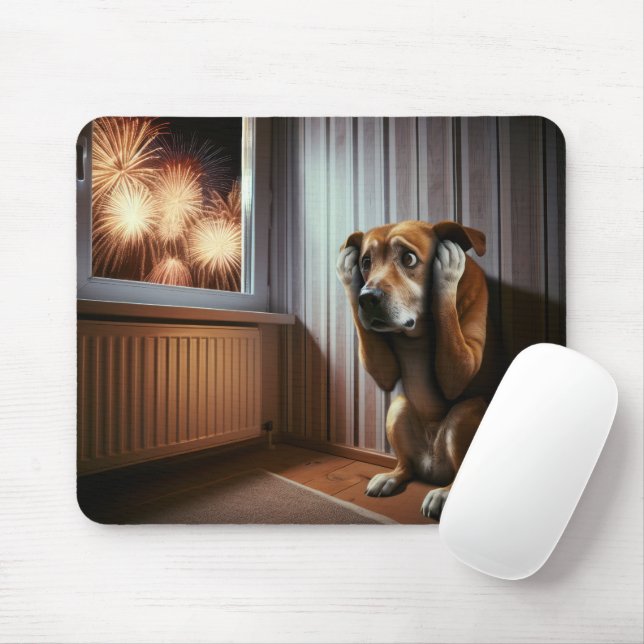 Mousepad Cachorro Assustado Com Fogos De Artifício (Com mouse)