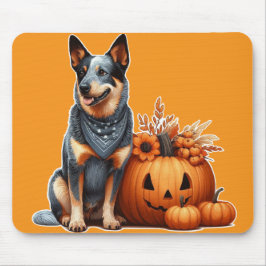 Mousepad Cachorro australiano ao lado de um Jack O-Lanterna