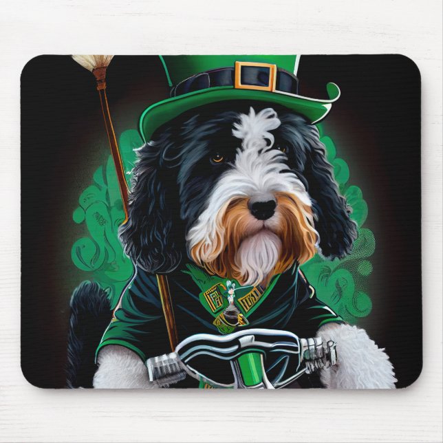 Mousepad Cachorro Bernedoodle dirigindo Ruas de bicicleta.  (Frente)