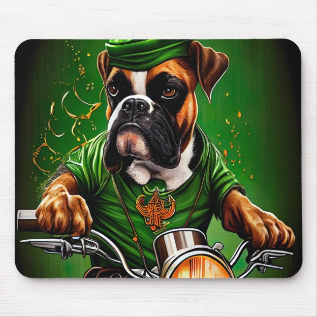 Mousepad Cachorro Boxer Dirigindo Bicicleta Dia de São Patr (Frente)