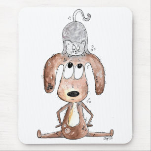 Mousepad Cachorro Branco Bonito com Gato na Cabeça