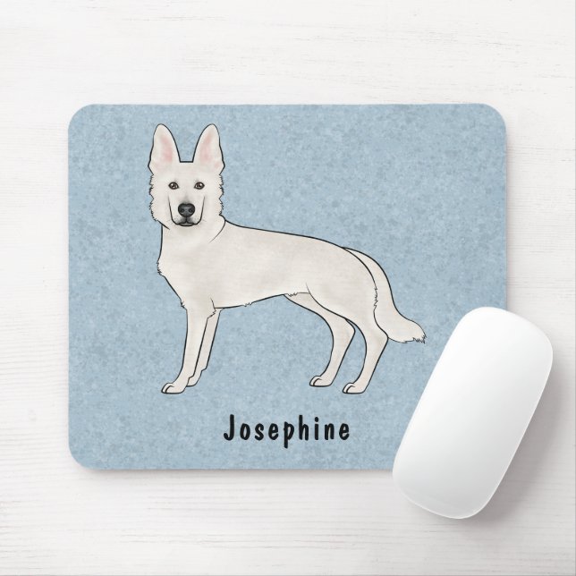 Mousepad Cachorro branco branco branco pastor GSD com nome  (Com mouse)