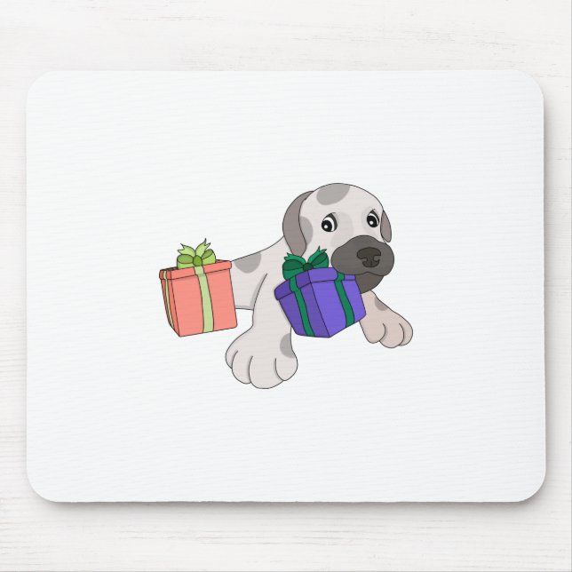 Mousepad Cachorro Brincando com Caixas de Presente (Frente)