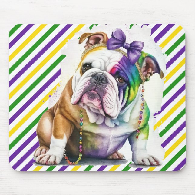 Mousepad CACHORRO BULDOGUE MARDI GRAS EM Aquarela FOFO (Frente)