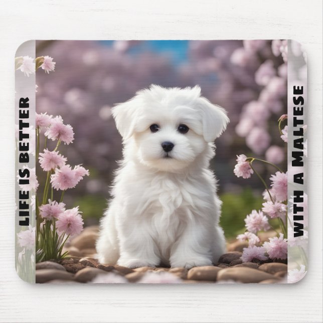 Mousepad Cachorro Cachorro Maltês Puppy Primavera Floral No (Frente)