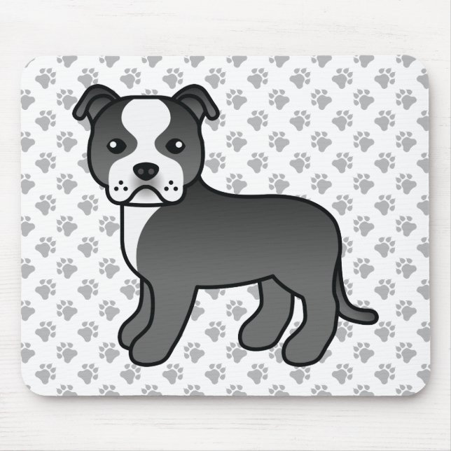 Mousepad Cachorro Cartoon Staffie Preto E Branco Fofo & Pat (Frente)