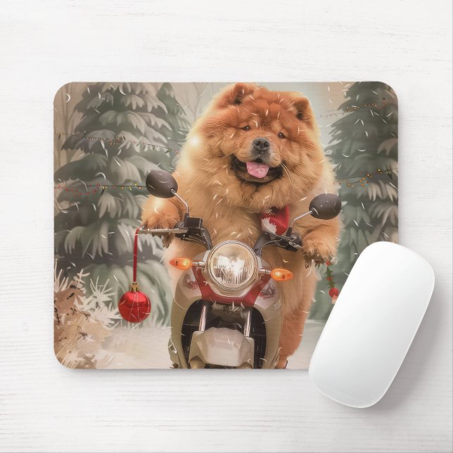 Mousepad Cachorro Chow Chow Andando de Motocicleta Natal (Com mouse)