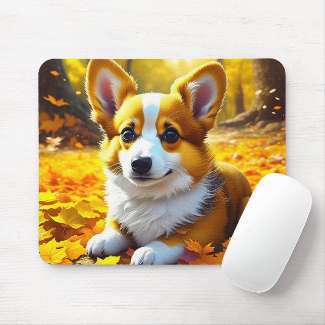 Mousepad Cachorro Corgi Brincando em Folhas de Queda (Com mouse)
