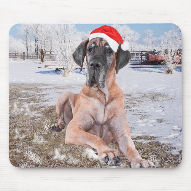 Mousepad Cachorro Cute Great Dane Sentado Na Neve Chapéu de (Frente)