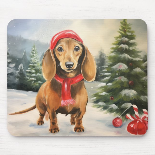 Mousepad Cachorro Dachshund na Neve Natal  (Frente)
