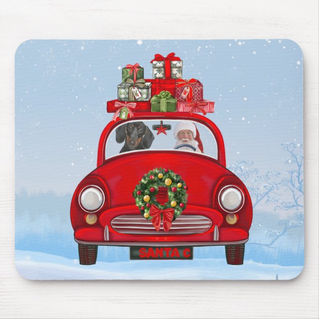 Mousepad Cachorro Dachshund no carro com Papai Noel  (Frente)