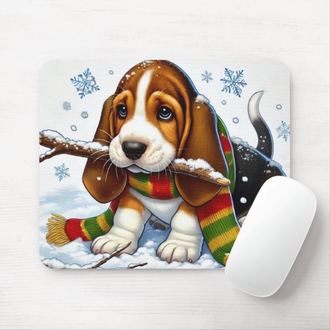 Mousepad Cachorro de Caça na Neve com Scarf e Branch (Com mouse)