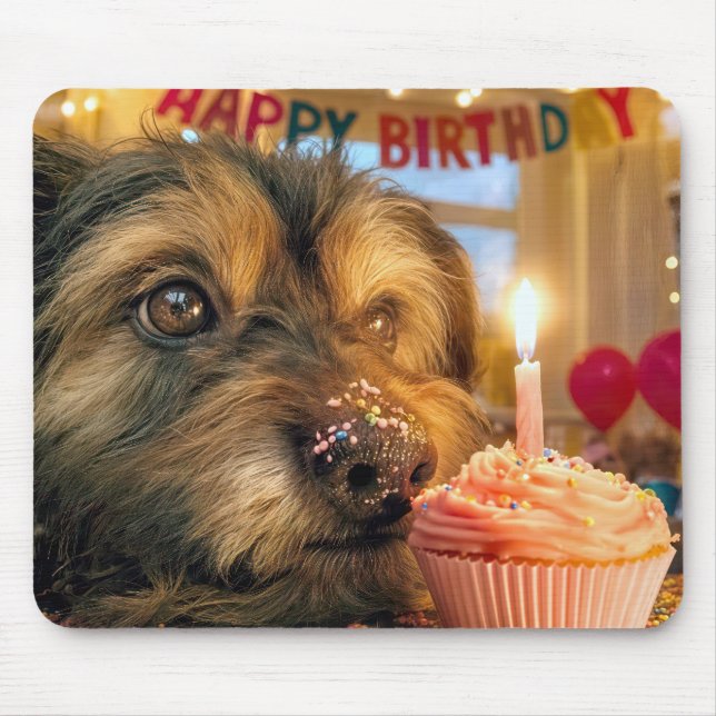 Mousepad Cachorro Desgrenhado com um Bolo de Aniversário (Frente)