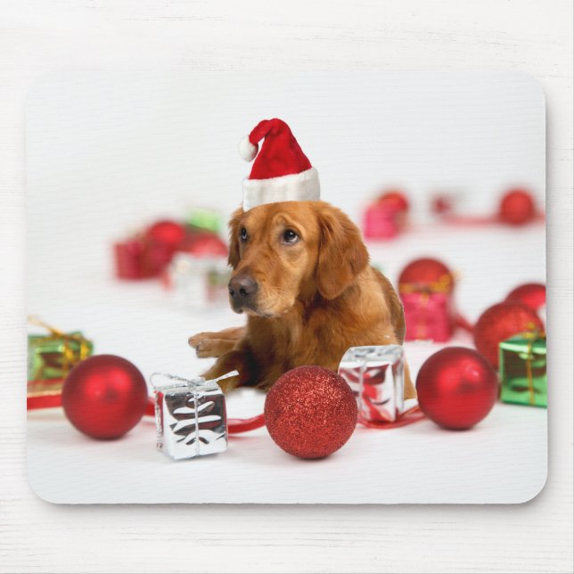 Mousepad Cachorro do ouro W Red Santa Hat Natal (Frente)
