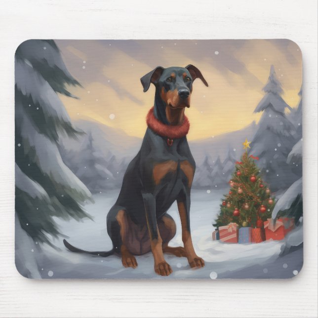 Mousepad Cachorro Doberman na Neve Natal (Frente)