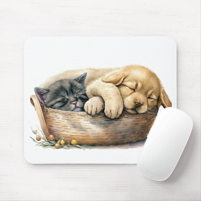 Mousepad Cachorro E Gatinho No Cesto (Com mouse)