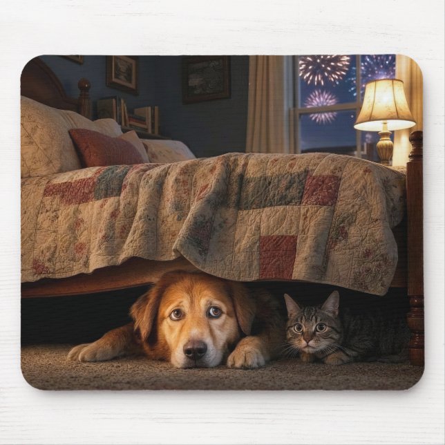 Mousepad Cachorro e Gato se Escondendo Debaixo de uma Cama (Frente)