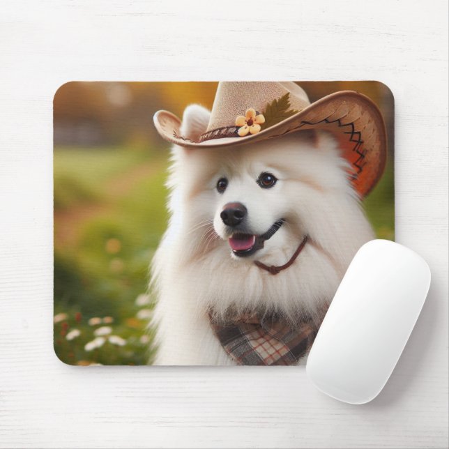 Mousepad Cachorro esquimó branco americano Vestindo chapéu  (Com mouse)