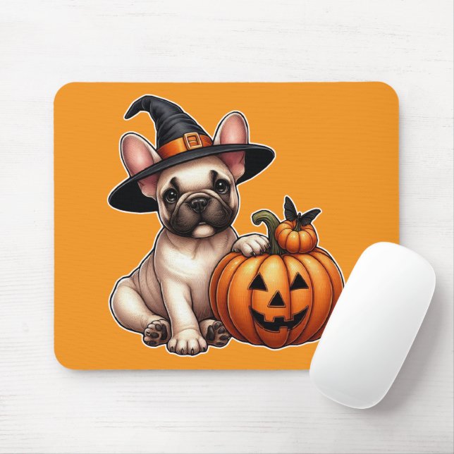 Mousepad Cachorro francês no Chapéu das Bruxas com Pumpkin (Com mouse)