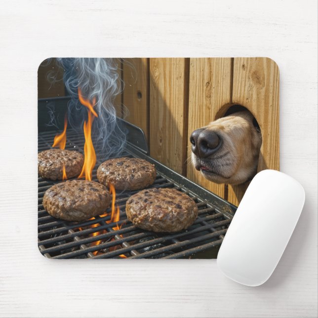 Mousepad Cachorro Fungando Hambúrgueres em uma Churrasqueir (Com mouse)