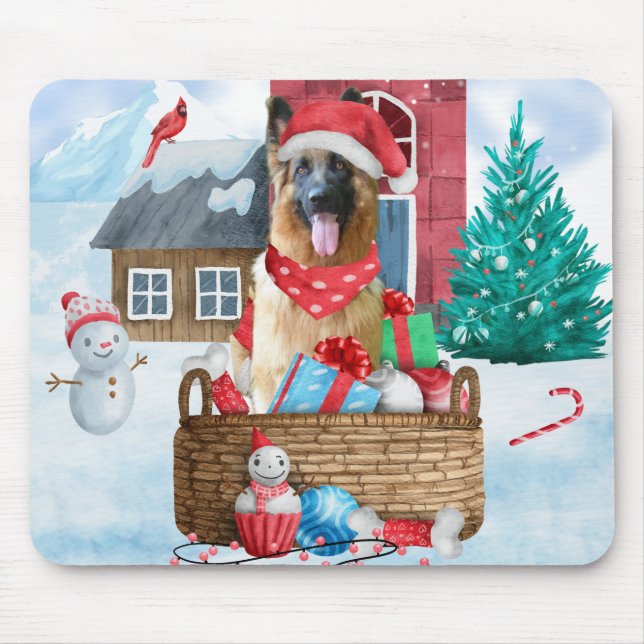 Mousepad Cachorro german shepherd Na Casa De Natal Da Neve (Frente)