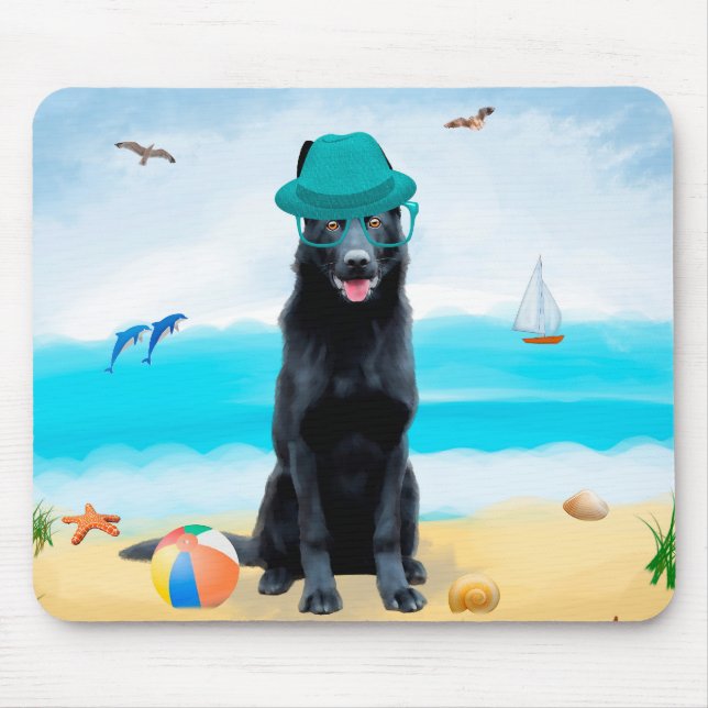 Mousepad Cachorro German shepherd Negro na praia (Frente)