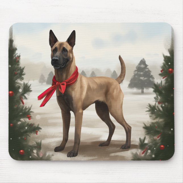 Mousepad Cachorro Malinois belga no Natal da neve (Frente)