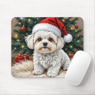 Mousepad Cachorro Maltês de Natal em um Travesseiro de pele