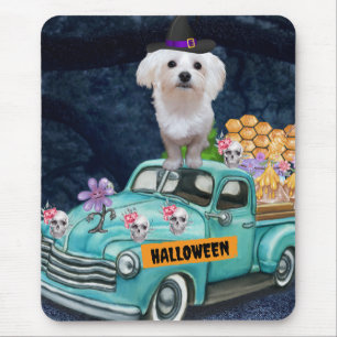 Mousepad Cachorro Maltês no Caminhão de Halloween Noite Ass