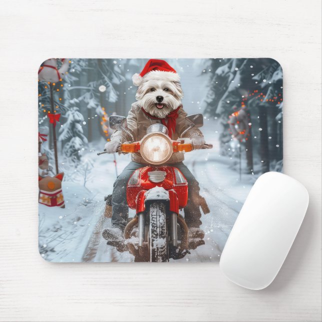 Mousepad Cachorro Maltês Pilotando Moto Natal (Com mouse)