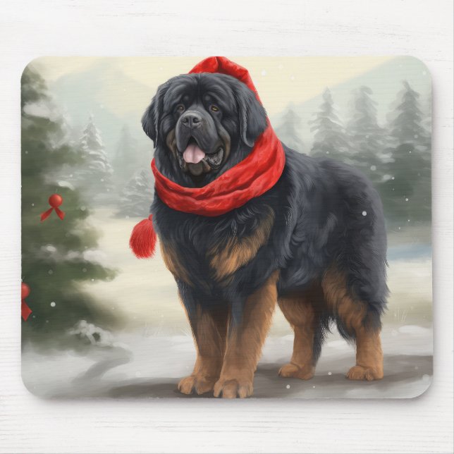Mousepad Cachorro Mastiff Tibetano no Natal da neve (Frente)