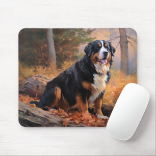 Mousepad Cachorro Montanhês Bernês no Outono Folhas Caem In