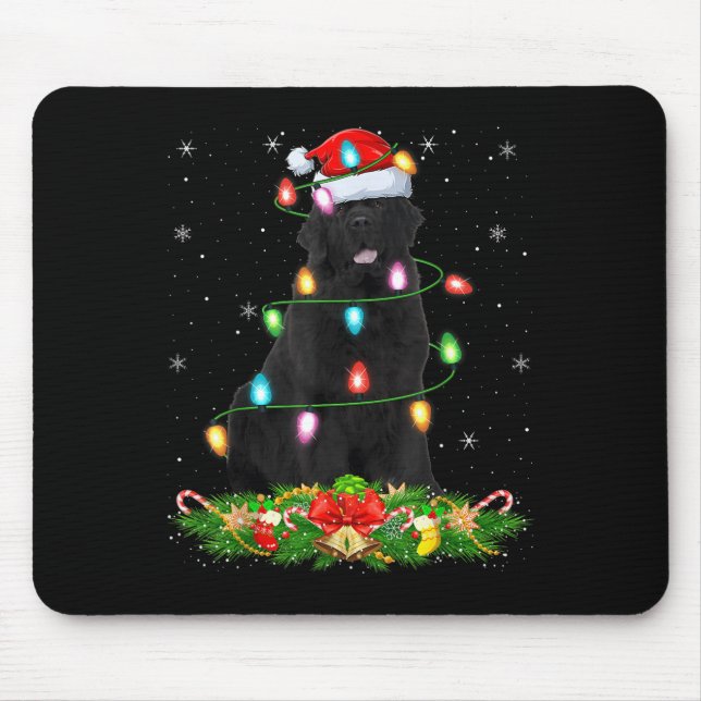 Mousepad Cachorro Newfoundland Luzes de Natal Chapéu Engraç (Frente)