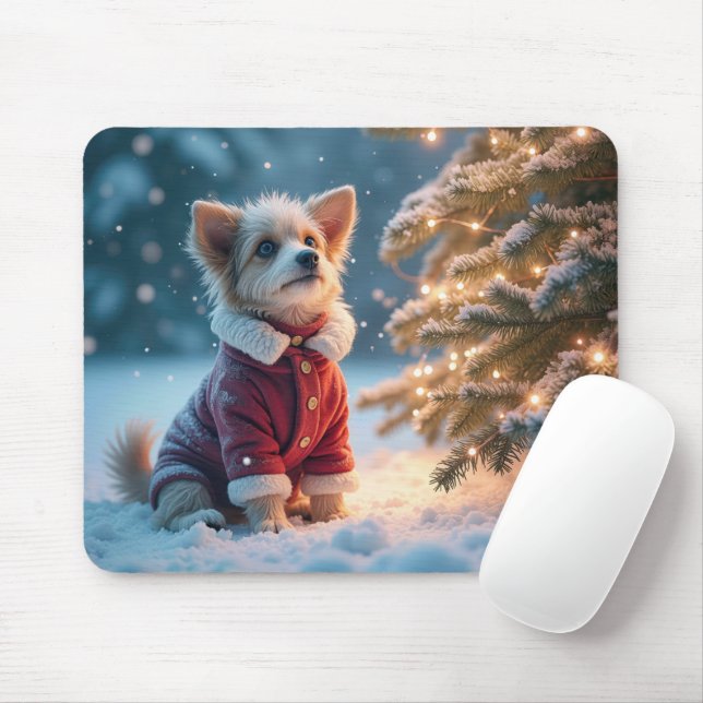 Mousepad Cachorro Olhando Para As Luzes De Feriado De Tremo (Com mouse)