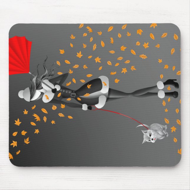 Mousepad Cachorro passeando por folhas de outono pretas (Frente)