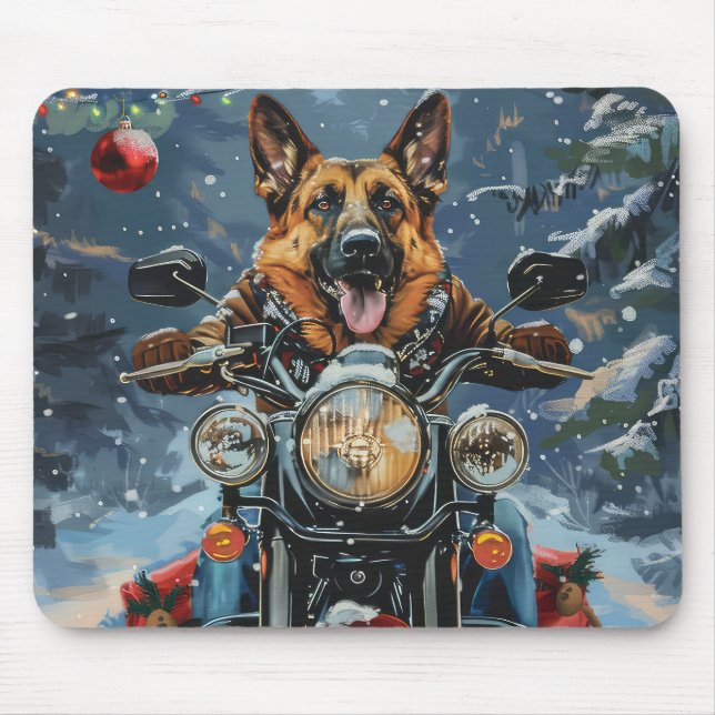 Mousepad Cachorro Pastor Alemão Pilotando Motocicleta Natal (Frente)