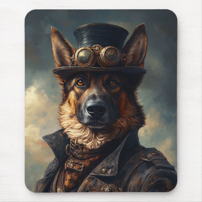 Mousepad Cachorro Pastor Alemão Steampunk de Cartola (Frente)