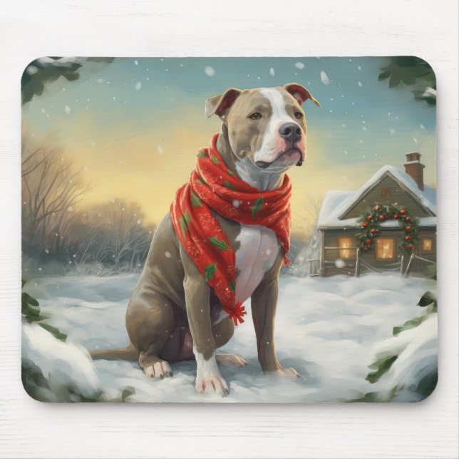 Mousepad Cachorro Pitbulento no Natal da Neve (Frente)