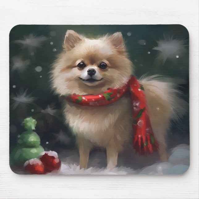 Mousepad Cachorro Pomerânia na Neve Natal (Frente)