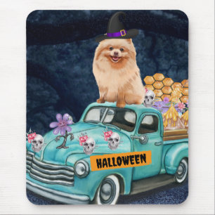 Mousepad Cachorro Pomerânia no Caminhão de Halloween Noite