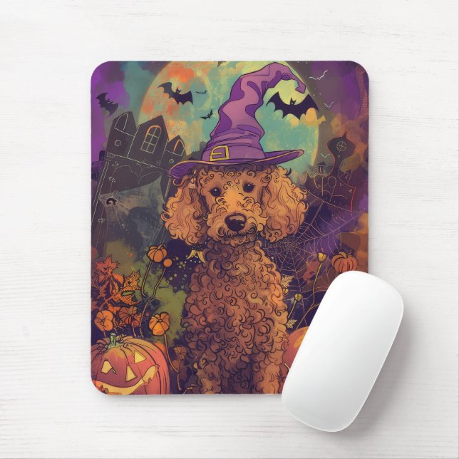 Mousepad Cachorro Poodle Assustador Halloween Bruxa E Abóbo (Com mouse)